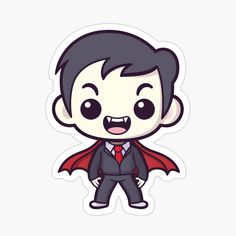 a sticker with an image of a man in a suit and red bat wings