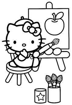 hello kitty is painting an apple on the easel with her brush and pencils