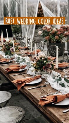 an outdoor table set with place settings, candles and napkins for the centerpieces