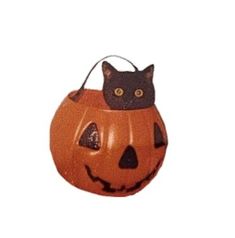 a cat sitting on top of a pumpkin shaped ornament with eyes and nose