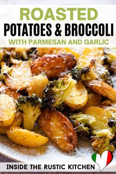 roasted potatoes and broccoli with parmesan and garlic on a white plate