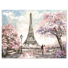 a painting of the eiffel tower in paris with pink flowers and trees around it