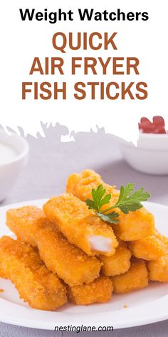 fried fish sticks on a white plate with text overlay reading weight watchers quick air fryer fish sticks