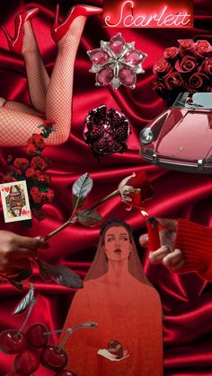 a collage of red and black images with woman's face surrounded by roses