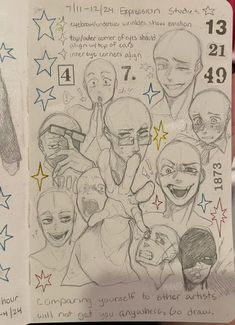 a hand holding up a drawing of different facial expressions on paper with stars around it