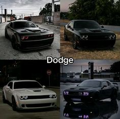 three different pictures of dodge cars in the dark