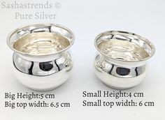 two silver bowls sitting next to each other on a white surface with the words big heights cm and small heights cm