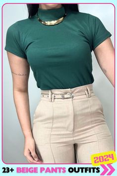 Beige pants with an emerald green tee and a belt for a fresh, vibrant look. This structured outfit offers a pop of color while maintaining a chic and classic appearance. Perfect for adding color to your everyday style. Green Tee, Emerald Green, Everyday Fashion