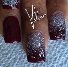 Burgundy Nails With Sparkle, Cabernet Wedding Nails, Garnet Nails Acrylic, Berry Nails Acrylic, Maroon And Silver Nails Acrylic, Wine And Silver Nails, Burgundy Silver Nails, Silver And Burgundy Nails, Burgundy And Silver Nail Designs