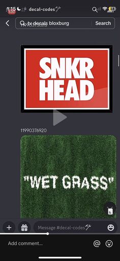 an iphone screen with the words swkrr head and wet grass written on it