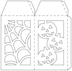 a halloween treat box cut out into the shape of a pumpkin and spider webs