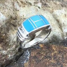 David Rosales Arizona Blue Inlaid Sterling Silver Ring Blue Polished Enamel Ring, Blue Enamel Polished Round Ring, Blue Enamel Ring With Polished Finish, Modern Blue Multi-stone Jewelry, Blue Enamel Ring With Gemstone, Blue Enamel Ring With Gemstone Fine Jewelry, Blue Enamel Ring With Polished Finish As Gift, Blue Enamel Ring With Polished Finish For Gift, Blue Enamel Ring With Gemstone In Fine Jewelry Style