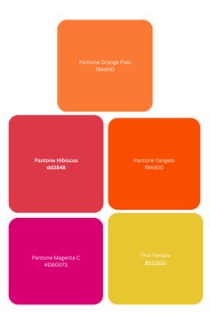 four different colored squares with the words pantone orange, pantone pink and pantone yellow