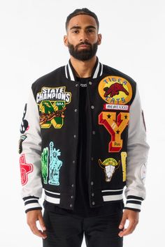 Jordan Craig Empire City Varsity Jacket (Black) S / Black Varsity Jacket Back Design, Sxsw Poster, Varsity Jacket Black, Jacket Silhouette, Chenille Patches, Embroidered Designs, Leather Sleeves, Arm Cuff, Leather Sleeve