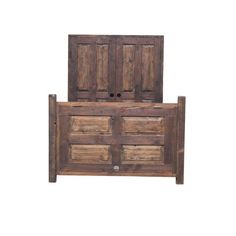 an old wooden bed with two doors on the top and bottom side, against a white background