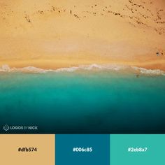 an aerial view of the beach and ocean with blue, yellow and green colors in it