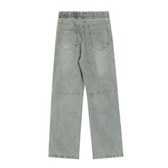 Light-wash denim pants with a relaxed, straight-leg fit. Features an elastic waistband with drawstring for comfort and adjustability. Two large patch pockets on the front add a utilitarian touch. The pants have a unique design element with snap buttons running along the outer seams of both legs. Horizontal seams at the knees provide structure and a subtle workwear aesthetic. Combines casual comfort with functional details for a versatile, street-ready look. Casual Baggy Cargo Jeans With Elastic Waistband, Casual Denim Pants With Elastic Waistband, Casual Straight Leg Jeans, Casual Wide Leg Washed Cargo Jeans, Casual Mid-rise Cargo Jeans, Casual Straight Leg Cargo Jeans With Elastic Waistband, Casual Washed Tapered Leg Pants, Casual Full-length Washed Pants, Casual Full Length Washed Pants