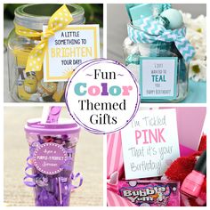 four different pictures with the words fun color themed gifts