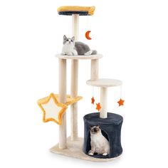 a cat sitting on top of a scratching tower next to a star shaped moon and stars