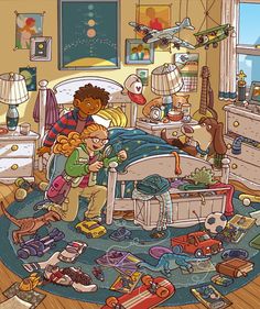 a child's bedroom with toys all over the floor and in the bed area