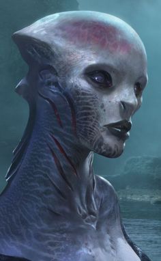 an alien woman with red eyes standing in the water