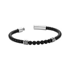 This black leather and agate beaded bracelet makes a bold fashion statement. Stainless steel This woven leather design features six round agate beads between two ornate barrel beads 8.5 inches with snap-lock clasp Elegant Black Beaded Leather Bracelet, Leather Bracelet With Round Beaded Details, Beaded Leather Bracelet With Round Beads, Leather Bracelets With Round Beaded Details, Adjustable Bracelets With Black Beads For Formal Occasions, Adjustable Black Bead Bracelets For Formal Occasions, Adjustable Black Beads Bracelets For Formal Occasions, Adjustable Black Beads Bracelet For Formal Occasions, Adjustable Black Leather Beaded Bracelets