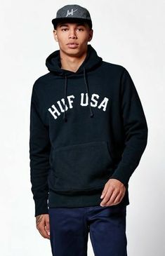 MEN'S GUYS HUF USA CUSTOM PULLOVER HOODIE HOODIE RETAILS FOR $79.99 COLOR: NAVY BLUE     HUF isn't letting the chilly weather prevent you from maintaining your skater style this season. The USA Custom Pullover Hoodie features an adjustable drawstring hood, a kangaroo pocket, a soft fleece lining, a HUF "USA" graphic across the chest, and a bold HUF "H" on the back. Navy and white pullover hoodie HUF graphics on front and back Matching hood with drawstrings Kangaroo pocket Long sleeves Fleece lin Pacific Sunwear, Usa Pride, White Pullover, Corduroy Shorts, Usa Outfit, Skater Style, Men's Wardrobe, Fleece Sweatshirt, Pacsun