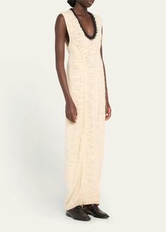 Aisling Camps Long Leather-Trim Crochet Wool Cocoon Dress Aisling Camps, Camp Dress, Cocoon Dress, Crochet Wool, Fall Winter 2024, Winter 2024, Leather Trim, Scoop Neckline, Leather Trims