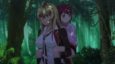 two anime characters standing in the woods