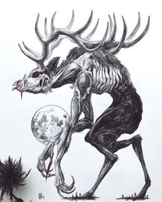 a drawing of a demon with horns on it's head and two skulls in the foreground