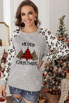 Christmas Plaid Leopard Letter Print Long Sleeve Top Plaid And Leopard, Christmas Plaid, Loose Shirts, Tie Blouse, Loose Blouse, Pullover Designs, Plaid Christmas, Elbow Length Sleeve, Top Pattern