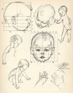 an old book with drawings of baby's faces and hands