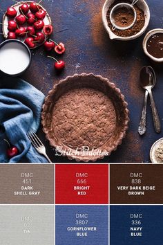 a pie pan filled with chocolate and cherries on top of a table next to other ingredients