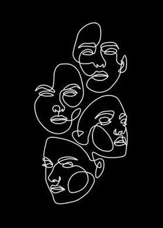 four faces drawn in white on a black background