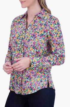 Colorful flowers explode across this wrinkle-resistant long-sleeve shirt made from lightweight and breathable cotton. 26" length Front button closure Spread collar Long sleeves with button cuffs 100% cotton Machine wash, tumble dry Imported Long Sleeve Floral Print Shirt For Daywear, Multicolor Long Sleeve Daywear Shirt, Colorful Flowers, Sleeve Shirt, Button Up Shirts, Button Up, Long Sleeve Shirts, Nordstrom, Collar