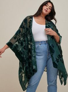 FIT Model is 5'10” wearing size 1. . Measures 33. 25” from shoulder (size 2). Wrap silhouette. MATERIALS + CARE Velvet woven fabric. . 100% polyester. Machine wash cold. Line dry. . Imported. DETAILS Open front. . Tie closure. The best plus size women's ruana - velvet burnout multi capes ponchos & ruanas in multi made of knit. Torrid is your destination for cozy fall and winter clothes to keep you warm and comfortable. Velvet Burnout, Rich Green, Cute Fall Outfits, Kimono Cardigan, Winter Fashion Outfits, Trendy Plus Size, Viral Pins, Plus Size Fashion, Woven Fabric