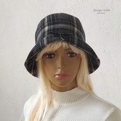 Size 57 cm (M) Women's bucket hat. Women's winter checkered hat. This is a fashionable hat with a small brim. The hat is made of gray&white checkered woolen fabric. The front brim of the hat with a brooch. (The brooch can be unfasten). Hat with warm lining. Size 57 cm (M) Summer Headwear, Winter Bucket Hat, Custom Made Hats, Hats Winter, Woolen Hat, Denim Cap, Summer Hats For Women, Warm Winter Hats, Cotton Hat