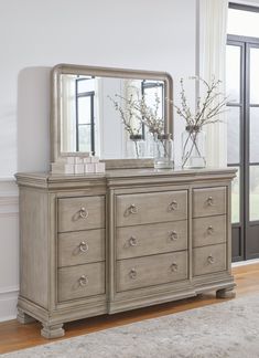 Lexorne Gray Dresser and Mirror - Ornate Home 5 Piece Bedroom Set, Sleigh Bedroom Set, Winged Headboard, Grey Dresser, Dresser And Mirror, Birch Veneer, Casual Dining Rooms, Winter Furniture, Design Motifs