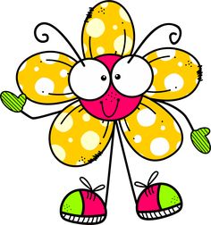 a cartoon yellow flower with green leaves and pink flowers on it's petals is smiling at the viewer