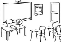 a black and white drawing of a classroom with desks, chairs and a chalkboard