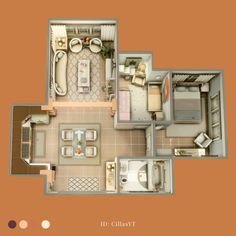 an overhead view of a two bedroom, one bath apartment with living room and kitchen