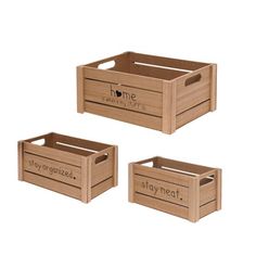 three wooden boxes with the words stay organized written on them and one is holding two smaller ones