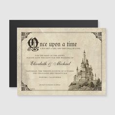 an old - fashioned wedding card with the words once upon a time and a castle on it