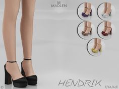 four pairs of high heeled shoes with different colors and sizes on the heels are shown