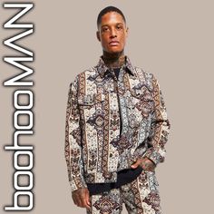 Nwt Boohoo Man Oversized Tapestry Jean Jacket. Size Large. Button Up. Collared. Midweight. Longt Sleeves. Cotton Poly Blend. Approximate Measurements Pit To Pit 26” Length 27” Bohemian Long Sleeve Outerwear For Streetwear, Bohemian Long Sleeve Streetwear Outerwear, Boohoo Man, Shirt Jacket, Jean Jacket, Mens Jackets, Button Up, Jackets & Coats, Tapestry