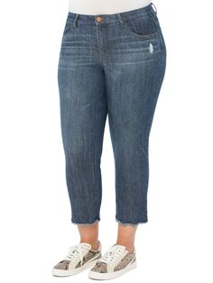 ""Ab"solution Distressed Blue Denim High Waisted Slim Straight Stretch Denim Plus Size Cropped Jeans Scallop Frayed Hem" Elastic Waistband Jeans, Straight Cropped Jeans, Plus Jeans, Straight Crop Jeans, Sanding