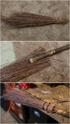 two pictures of different types of brooms on the floor