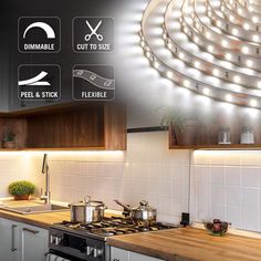 an image of a kitchen setting with lights on the ceiling and below it is a circular led strip