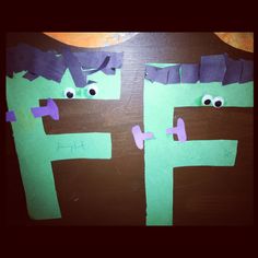 Preschoolers are doing f this week... Letter f craft for Frankenstein perfect for Halloween Kids Crafts Preschool, F Craft, Abc Projects, October Preschool, Alphabet School, October Lessons, Toddler Board