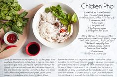 the ingredients for chicken pho are displayed in this recipe book, including broccoli and noodles